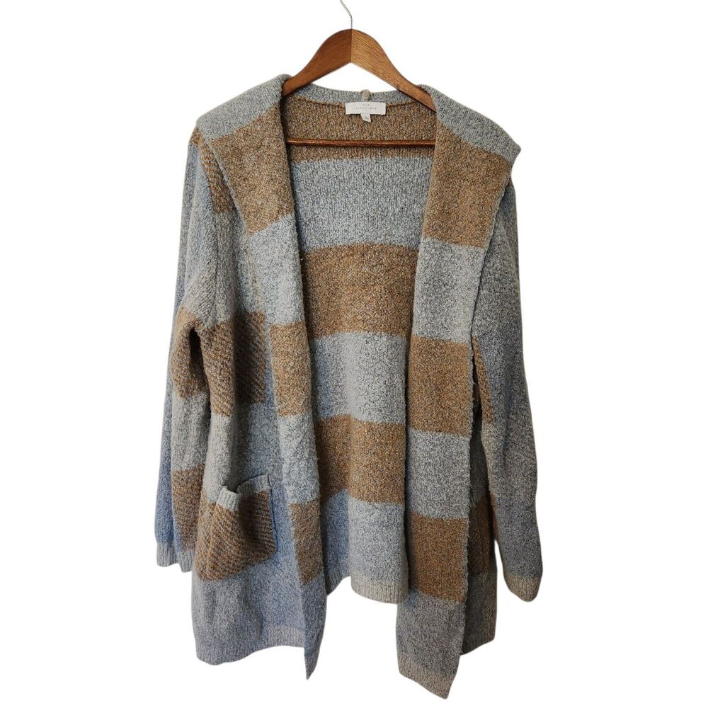 New Directions Womens L Open Front Hooded Cardigan Blue/Brown Stripe LS Sweater